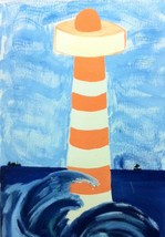 Gemälde eines Leuchtturms, der von einer hohen Welle umspült wird.
