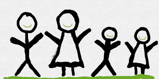 Comiczeichnung einer Strichmännchenfamilie bestehend aus Vater, Mutter, Sohn und Tochter.