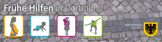 Ein Banner des Jugendamts der Stadt Dortmund. Abgebildet sind bunte Silhouetten von einer schwangeren Frau, einem krabblenden Baby, einem Kind mit Schultüte und einem skateboardfahrenden Teenager. Über den Bildern steht der Text "Frühe Hilfen in Dortmund".