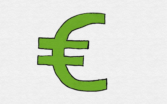 Zeichnung eines grünen Euro-Symbols, das die Währung repräsentiert.