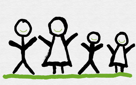 Comiczeichnung einer Strichmännchenfamilie bestehend aus Vater, Mutter, Sohn und Tochter.