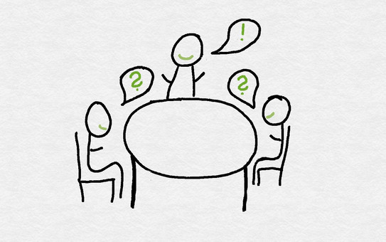 Strichmännchengrafik von drei Personen die gemeinsam an einem Tisch sitzen und miteinander reden.