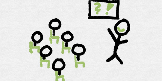 Strichmännchengrafik einer Person die vor einer Tafel steht und anderen Strichmännchen etwas beibringt.