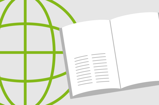 News-Icon Buch und Weltkugel Icon einer angedeuteten Weltkugel mit geöffnetem Projekt-Buch